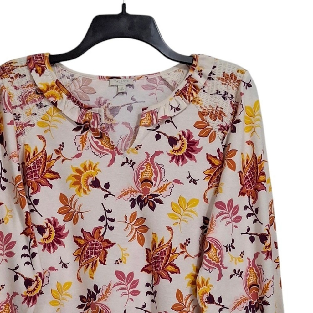 Talbots Top M L Beige Multi Floral Cotton Smocked Ruffle Blouse Cottage Boho
